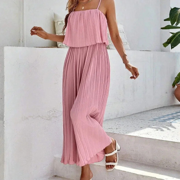 Pink Preppy Womens Solid Pleated Cami Jumpsuit - Picture 2 of 5